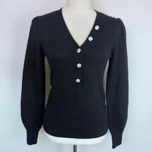 Loft Womens Black Rhinestone Flower Button V-Neck Puff Sleeve Sweater Size XS